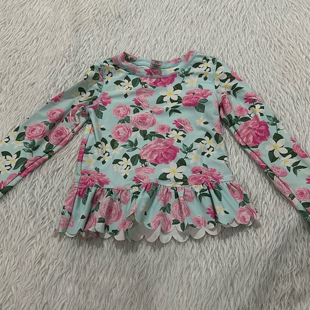 Ruffle butts blue pink floral long sleeve swim top size 5